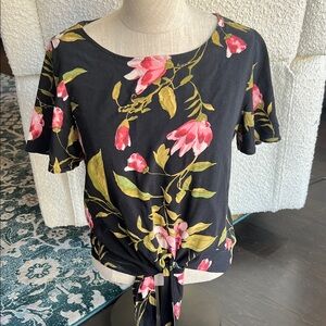 Socialite Black Floral Blouse with Pink and Green Accents